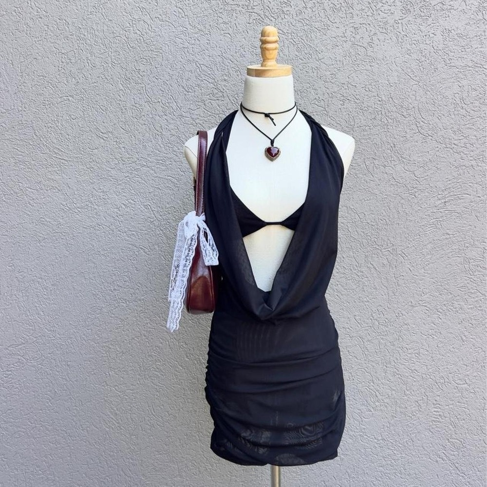 White Fox Black Cowl Halter Neck Mini Dress Size Small Glam Party Preppy